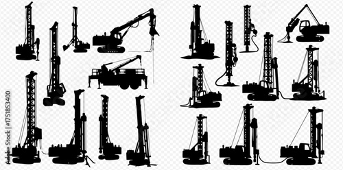 A collection of black silhouettes of various heavy-duty drilling rigs and construction machinery on a transparent background.