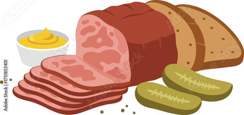 Illustration of a deli meat platter with sliced ham, bread, mustard, and pickles.