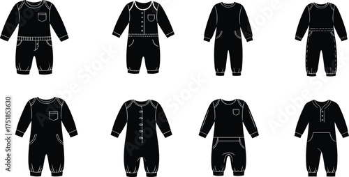 Baby romper vector illustration, black silhouette onesie design, infant clothing template, kids fashion sketch, newborn outfit collection, editable apparel mockup, white background