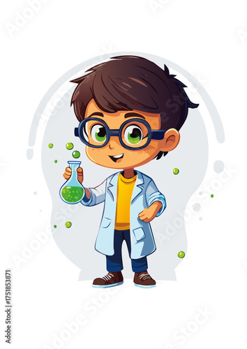 A cheerful cartoon boy dressed as a young scientist, holding a green bubbling potion in a laboratory flask. He has big round glasses, a white lab coat with a pen in the pocket