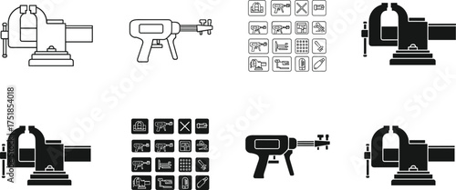 Bench vise, power tool, industrial equipment, workshop clamp, mechanical vice, engineering tools, black silhouette, vector illustration, construction, hardware, repair tool