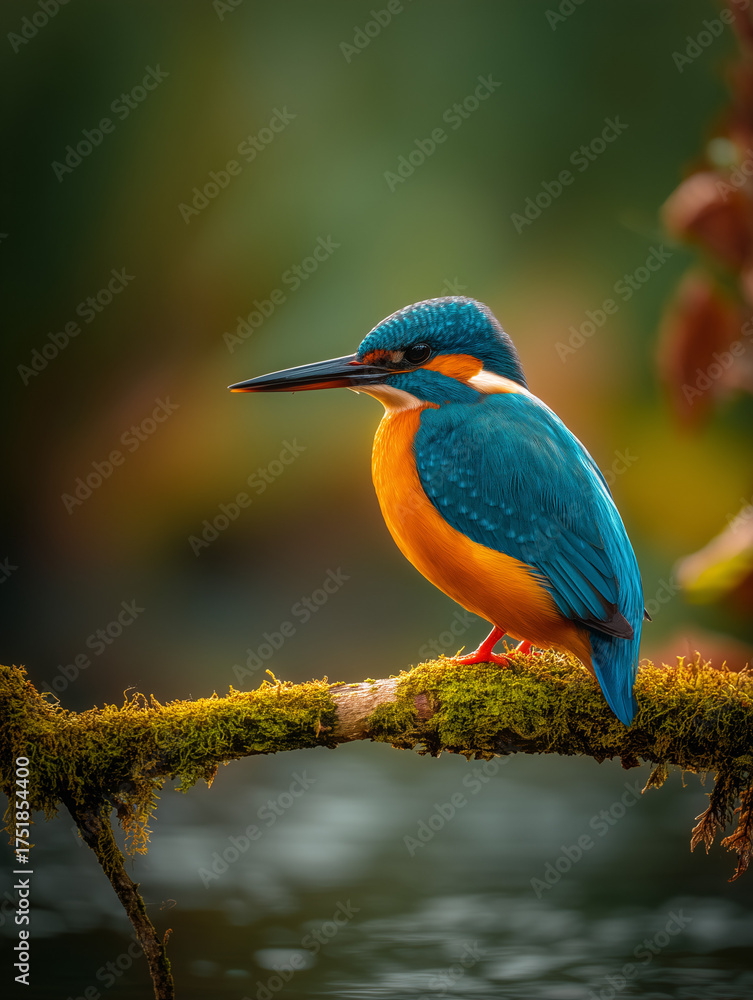 Obraz premium Vibrant kingfisher perched on a mossy branch, showcasing its colorful plumage near water.