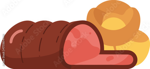 A cartoon illustration of a sliced meat roast with golden dinner rolls isolated on a white background.
