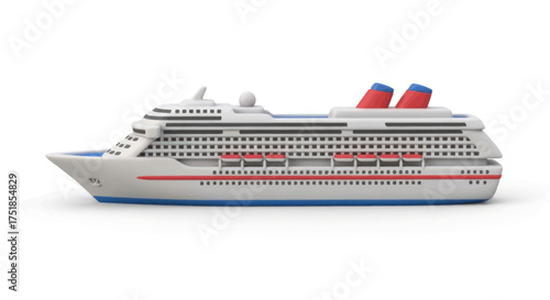 Detailed miniature model of a modern white cruise ship with red and blue funnels.