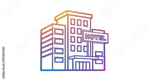 Colorful gradient line art icon of a multi-story hotel building with a sign.
