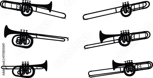 Black silhouette of trombone trumpet musical instruments, brass wind music icons, jazz orchestra elements, vector illustration for design and print