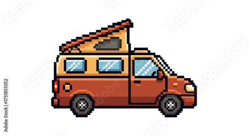 Pixel Art Camper Van with Pop-Top Roof for Travel.