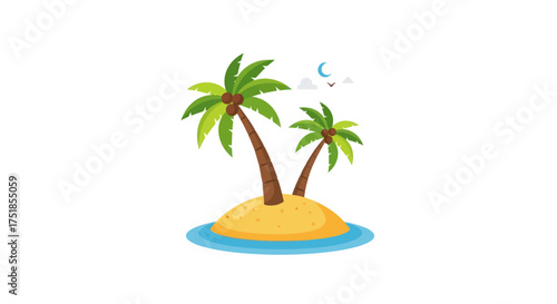 Tropical island with two palm trees and coconuts under a crescent moon.