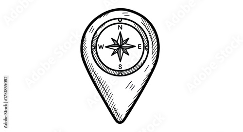 Hand-Drawn Compass Rose within a Location Pin Icon.