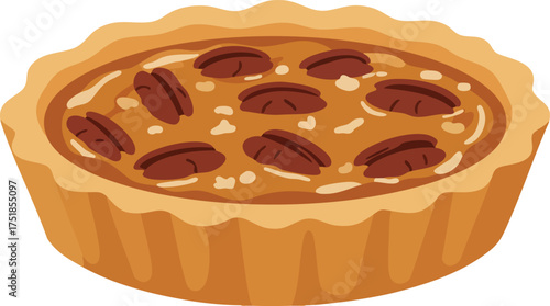 A cartoon illustration of a whole pecan pie with a golden fluted crust, isolated on a white background.