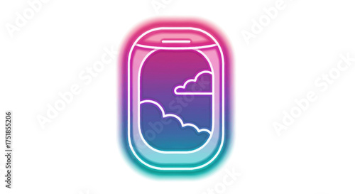 Airplane Window View with Neon Glow and Colorful Clouds.