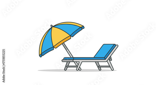 Beach Chair and Umbrella Illustration with Blue and Yellow Stripes.