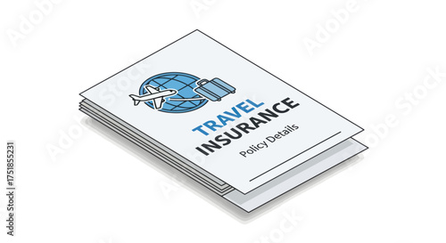 Stack of Travel Insurance Policy Documents with Globe and Airplane Icon.