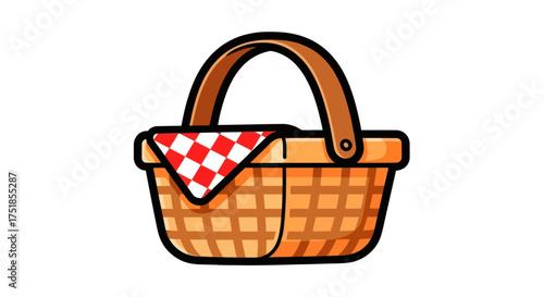 Illustrated Wicker Picnic Basket with Red and White Checkered Cloth.