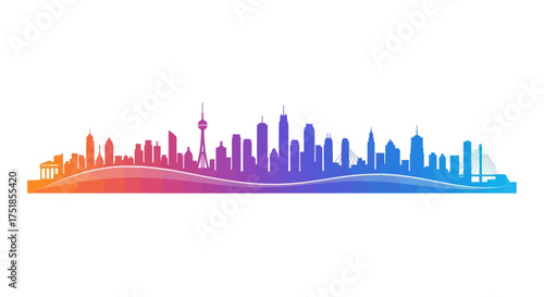 Vibrant Rainbow Skyline Silhouette of a Modern Cityscape.