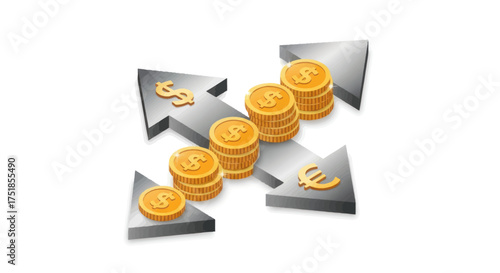 Currency Exchange: Stacks of Gold Coins with Arrows and Symbols.
