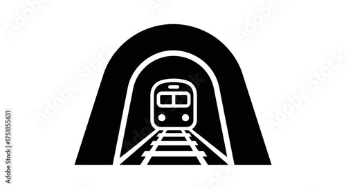 Train emerging from a dark tunnel front view black and white illustration.