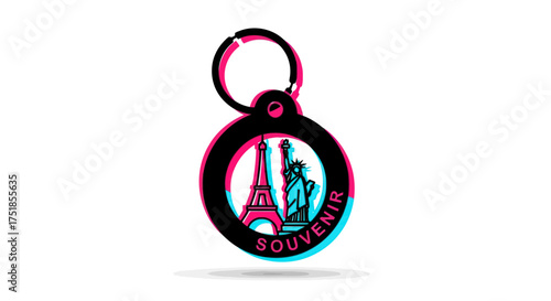 Souvenir Keychain Featuring Eiffel Tower and Statue of Liberty.