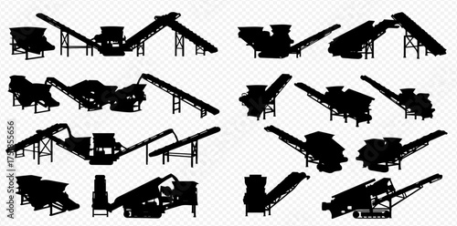 A collection of black silhouettes showing various types of industrial rock crushing and screening machinery on a transparent background.
