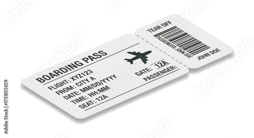 Isometric View of White Boarding Pass Ticket with Details.