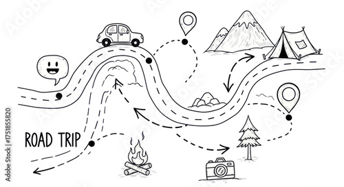 Hand-drawn Road Trip Illustration with Car Tent and Map Elements.