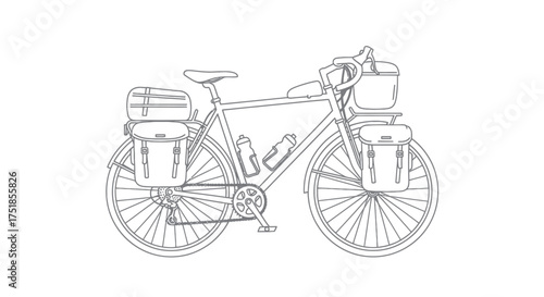 Detailed Line Drawing of a Touring Bicycle Loaded with Panniers and Water Bottles.