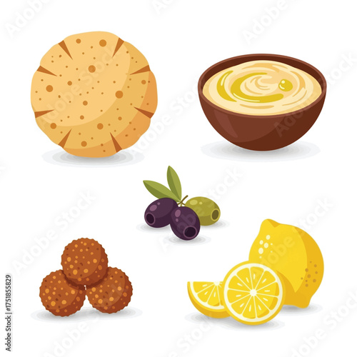 A vibrant illustration showcasing a selection of Middle Eastern food items, including pita bread, hummus, falafel, olives, and lemons.