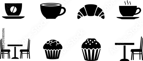 Cafe icons collection: coffee, snacks, and furniture in minimalist black silhouette style