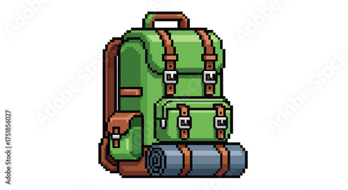 A green pixel art hiking backpack with brown straps and a rolled sleeping bag attached to the bottom.
