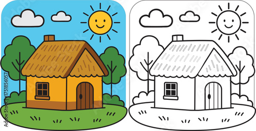 A nice cozy countryside village house with thatched roof and trees under sunny sky