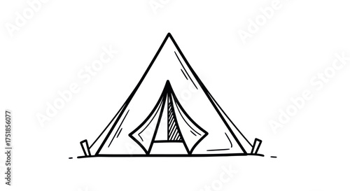 Hand-drawn sketch of a classic A-frame camping tent with a small entrance flap.