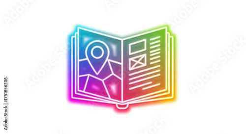 Vibrant Rainbow Neon Outline Map Book with Location Pin Icon.