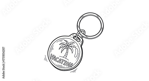Hand-drawn sketch of a circular vacation-themed keychain with a palm tree.