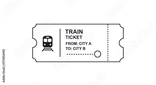 Minimalist black and white line art illustration of a train ticket for travel between cities.