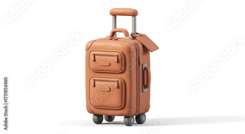 A stylized brown rolling travel suitcase with an extendable handle wheels and a luggage tag.