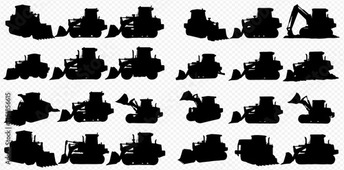 A collection of black silhouettes depicting various construction vehicles like bulldozers and an excavator from multiple angles.