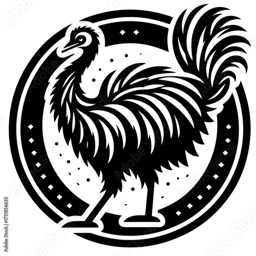 Stylized emu illustration inside a dotted circle with decorative tail and feathered body design element