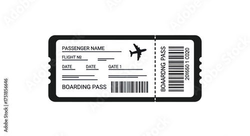 Black and white airline boarding pass ticket template with an airplane icon and barcodes.
