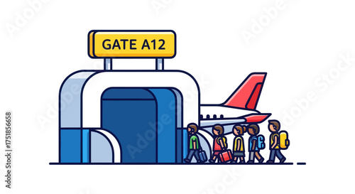 Passengers boarding airplane at Gate A12 in airport terminal.