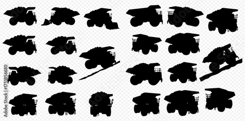 A collection of black silhouettes depicting heavy-duty mining dump trucks in various poses on a light grid background.