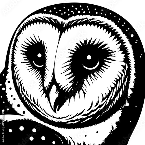 Close up black and white illustration of a barn owl with dotted background and sharp feather details