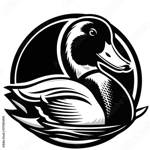 Illustration of a black and white duck swimming in water inside a circle graphic design element