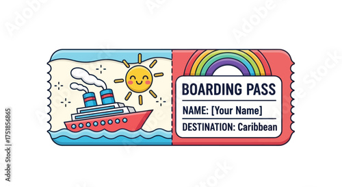 Colorful Cruise Ship Boarding Pass with Caribbean Destination and Rainbow.