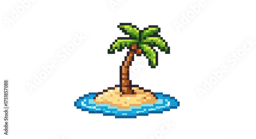 A pixel art illustration of a small deserted tropical island with a single palm tree.