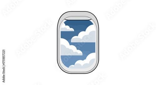 Airplane window illustration looking out at a beautiful blue sky with fluffy white clouds.
