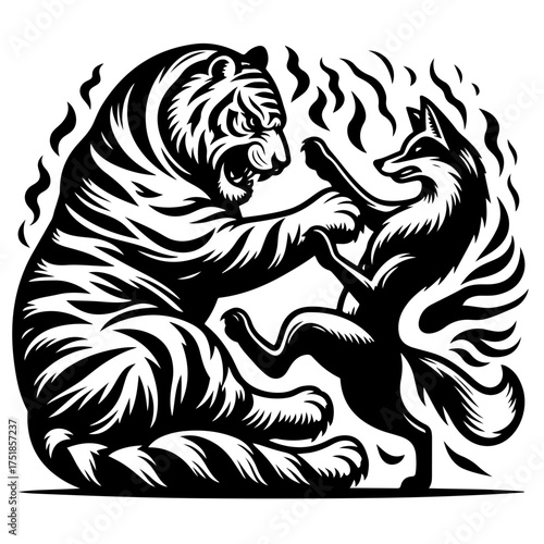 A fierce tiger and a cunning fox engaged in a dynamic confrontation with stylized flames around them