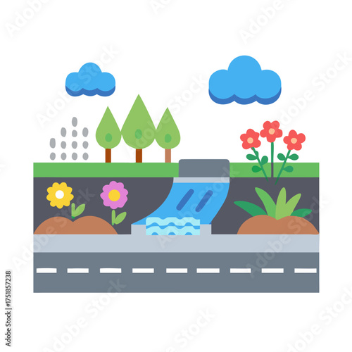 Colorful illustration of a landscape featuring a flowing stream, trees, flowers, and clouds
