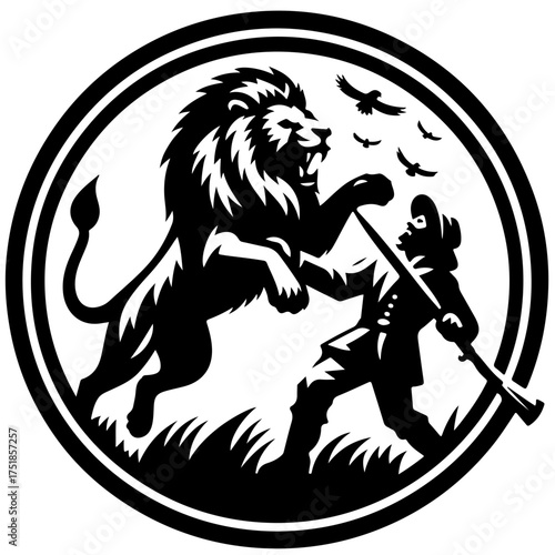Illustration of a lion attacking a man with a rifle in a circular frame with birds flying above them