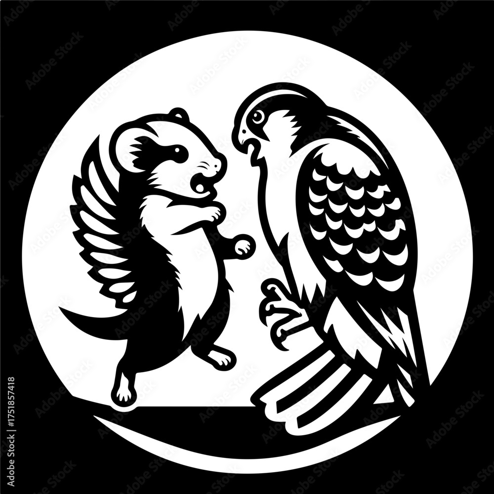Obraz premium A stylized depiction of a ferret facing off against a hawk within a circular emblem design