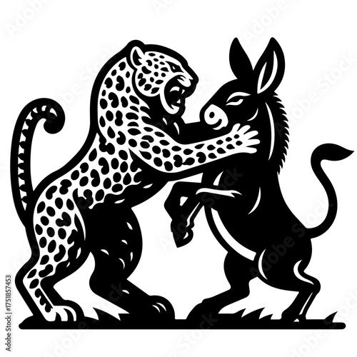 A fierce leopard attacking a donkey in a stylized black and white illustration, a battle of beasts